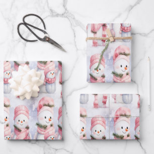 Festive cheer with smiling snowmen and snowflakes wrapping paper sheets