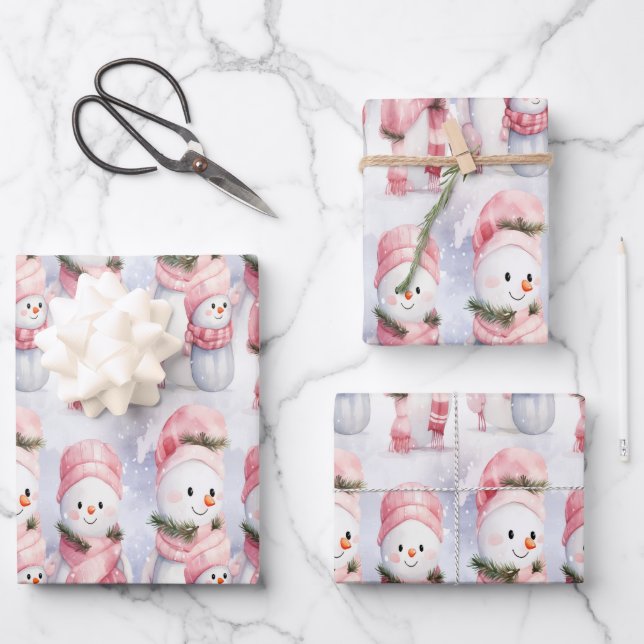 Festive cheer with smiling snowmen and snowflakes wrapping paper sheets (Front)
