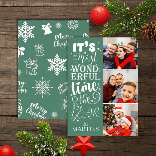 Festive Cheerful Teal Christmas 3 Photo Holiday Card