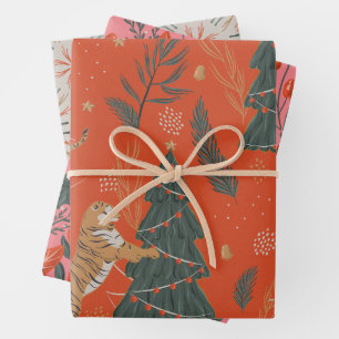 Festive Cheetah Pink Holiday Gem Tone Wrapping Paper Sheets