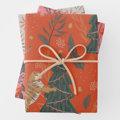 Festive Cheetah Pink Holiday Gem Tone  Wrapping Paper Sheets