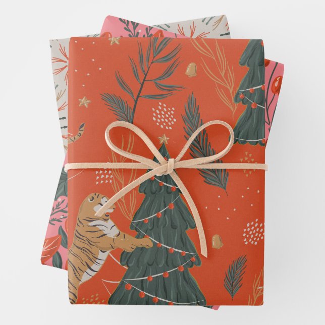 Festive Cheetah Pink Holiday Gem Tone  Wrapping Paper Sheets (In situ)