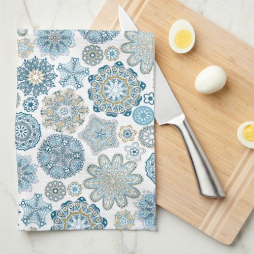 Festive Chic Floral Mandala Snow Flakes Pattern Kitchen Towel