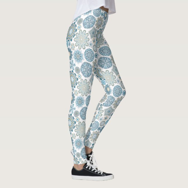 Festive Chic Floral Mandala Snow Flakes Pattern Leggings (Right)