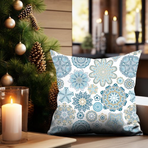 Festive Chic Floral Mandala Snow Flakes Pattern Throw Pillow