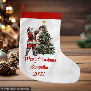 Festive Chic Santa Claus Red White Rustic Holiday Large Christmas Stocking