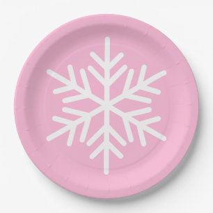 Festive Chic White Alpine Snowflake On Pastel Pink Paper Plates