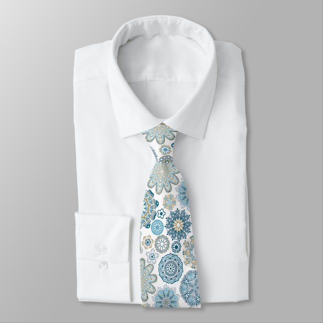 Festive Chic Winter Mandala Snow Flakes Pattern Neck Tie (Tied)