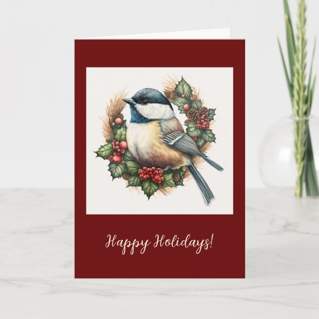 Festive Chickadee Folded Holiday / Christmas Card (Front)