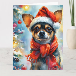 Festive Chihuahua in a Santa Hat Watercolor Card