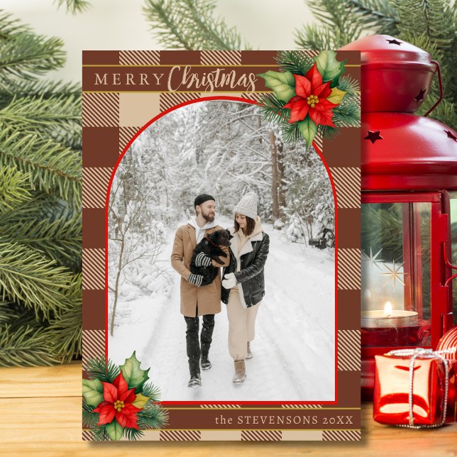 Festive Chocolate Buffalo Plaid Floral Christmas Holiday Card (Creator Uploaded)