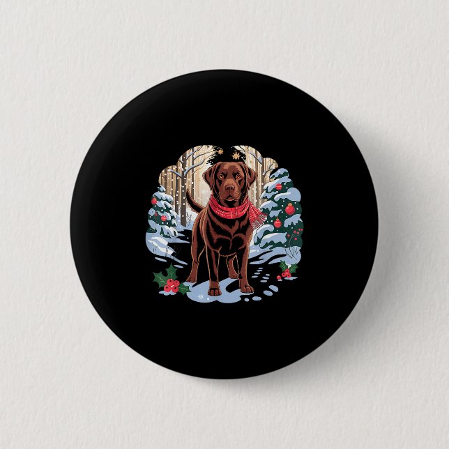 Festive Chocolate Lab In Snowy Forest Winter Xmas  Button (Front)