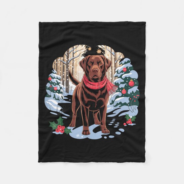 Festive Chocolate Lab In Snowy Forest Winter Xmas  Fleece Blanket (Front)