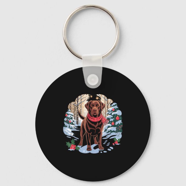 Festive Chocolate Lab In Snowy Forest Winter Xmas  Keychain (Front)