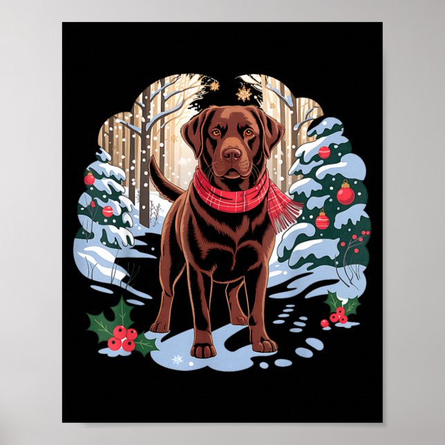Festive Chocolate Lab In Snowy Forest Winter Xmas  Poster (Front)