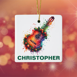 Festive Christmas Acoustic Guitar Ceramic Ornament