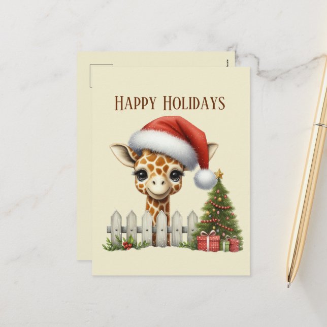 Festive Christmas add message giraffe Holiday Postcard (Front/Back In Situ)
