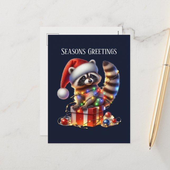 Festive Christmas add message raccoon Holiday Postcard (Front/Back In Situ)