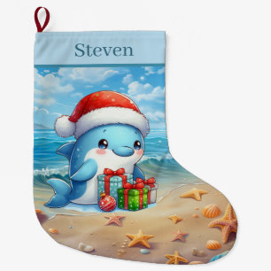 Festive Christmas add name beach dolphin Large Christmas Stocking
