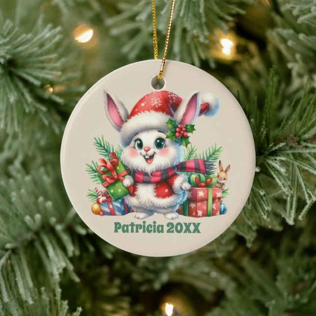 Festive Christmas add name date message Bunny  Ceramic Ornament (Tree)