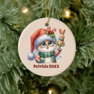 Festive Christmas add name year message bunny Ceramic Ornament