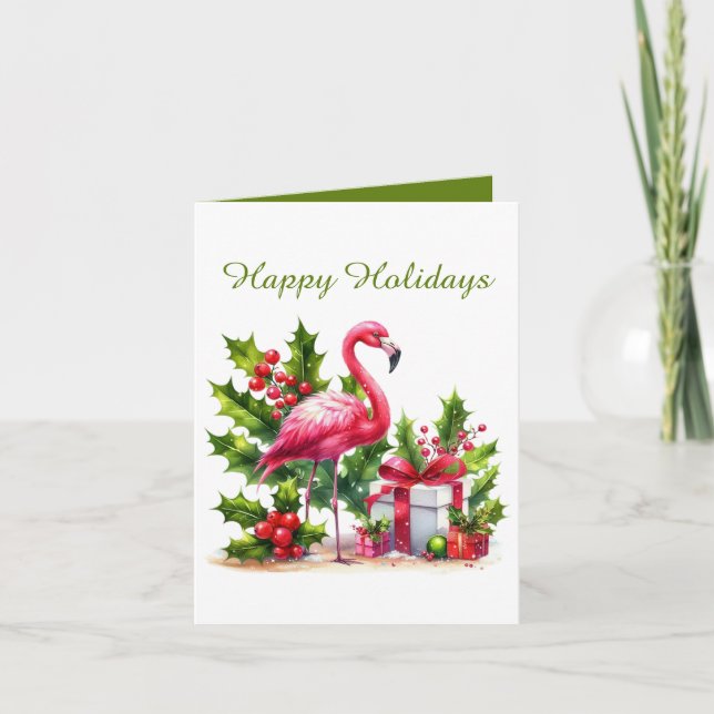 Festive Christmas add text pink flamingo Holiday Card (Front)