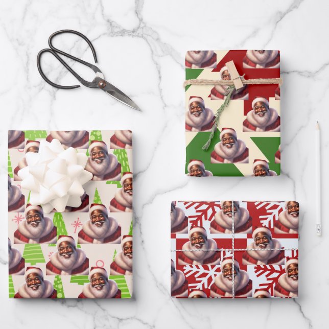Festive Christmas African American Black Santa Wrapping Paper Sheets (Front)
