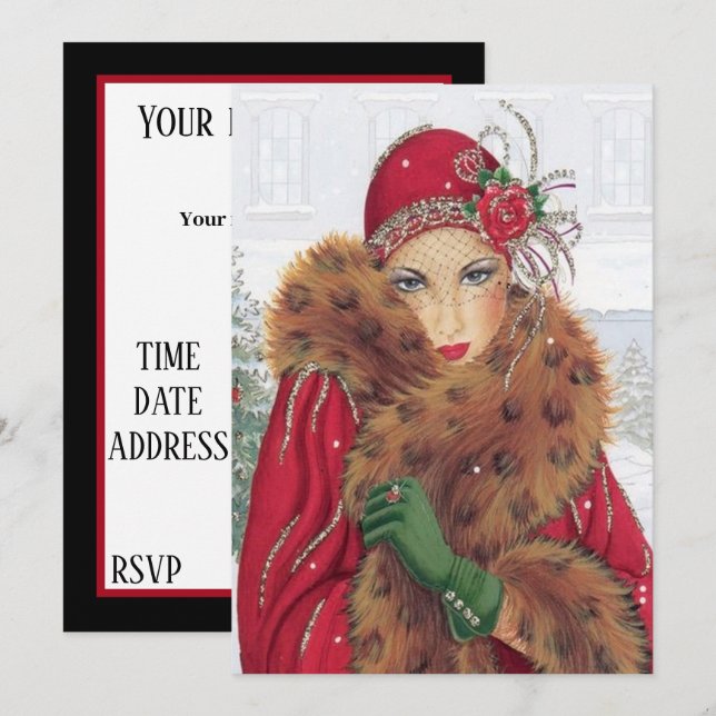 Festive Christmas art deco lady Invitation (Front/Back)