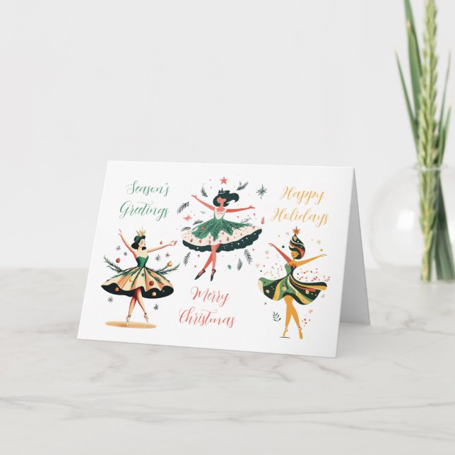 Festive Christmas Ballerinas Folded Holiday Card (Front)