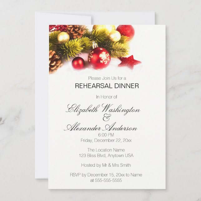 Festive Christmas Baubles REHEARSAL DINNER Invitation (Front)