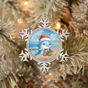 Festive Christmas beach dolphin Snowflake Pewter Christmas Ornament