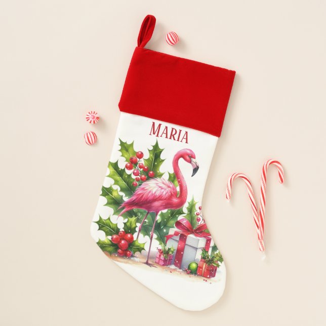Festive Christmas beach pink flamingo add name Christmas Stocking (Front)