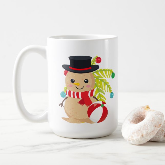 festive Christmas beach sand snowman add monogram Coffee Mug (With Donut)