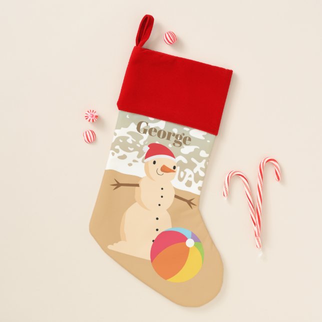 Festive Christmas beach sand snowman add name Christmas Stocking (Front)