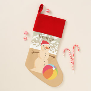Festive Christmas beach sand snowman add name Stocking