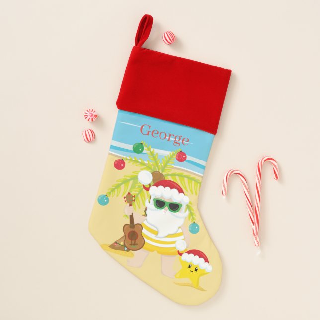 festive Christmas beach Santa add name  Christmas Stocking (Front)