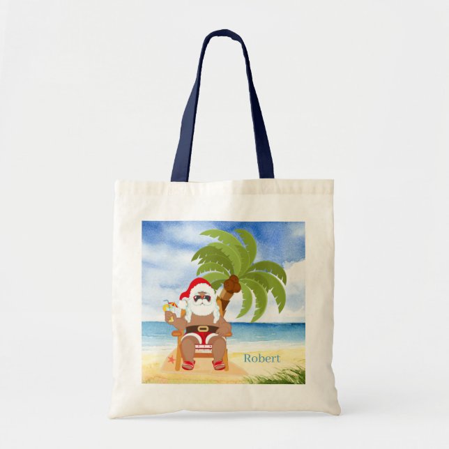 festive Christmas beach Santa add name kids unisex Tote Bag (Front)