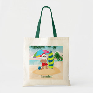 festive Christmas beach Santa add name kids unisex Tote Bag