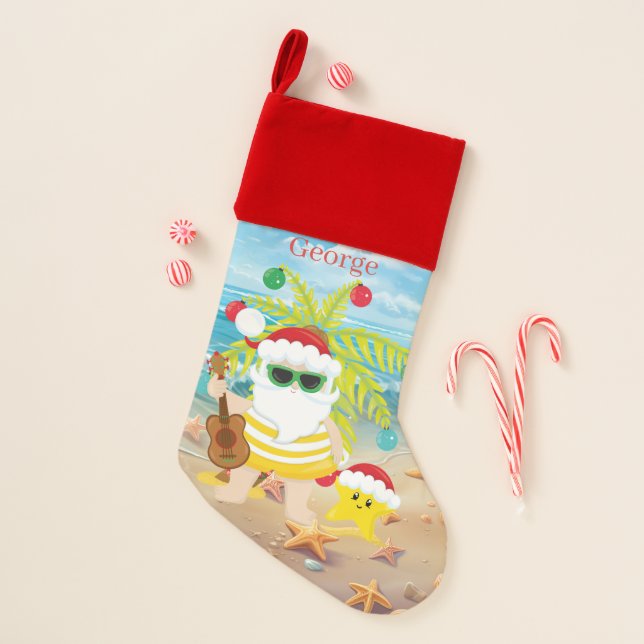 festive Christmas beach Santa add name  Stocking (Front)
