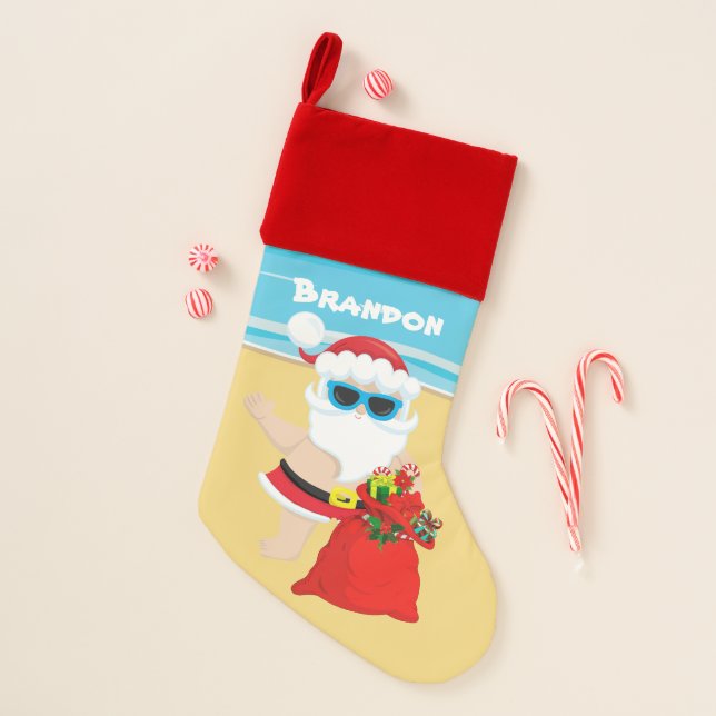 Festive Christmas beach Santa and bag Christmas Stocking (Front)