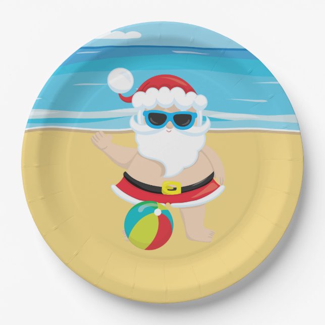 Festive Christmas beach Santa Holiday Paper Plates (Front)
