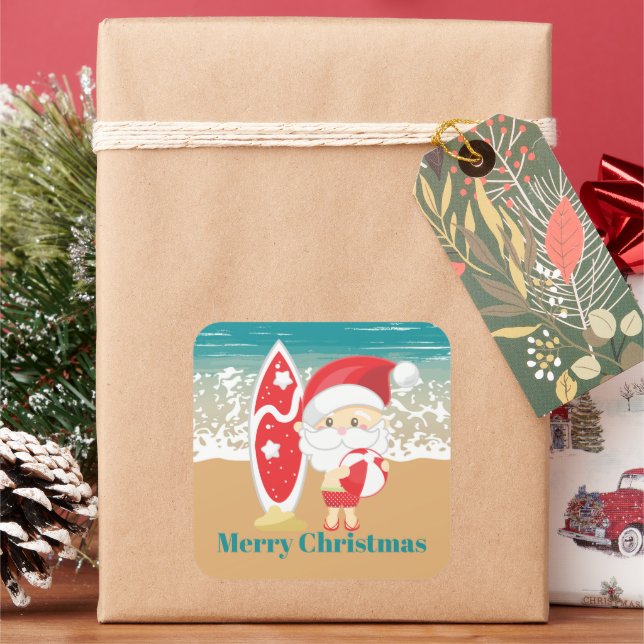 Festive Christmas beach Santa Holiday Square Sticker (Holiday)