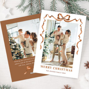 Festive Christmas Beige Boho Bow Ribbon 2 Photo Holiday Card