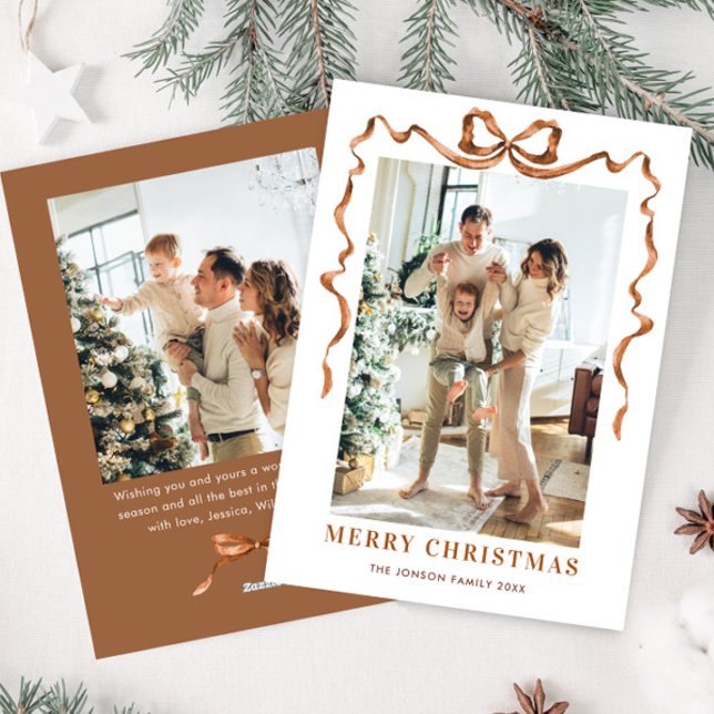 Festive Christmas Beige Boho Bow Ribbon 2 Photo Holiday Card (Creator Uploaded)