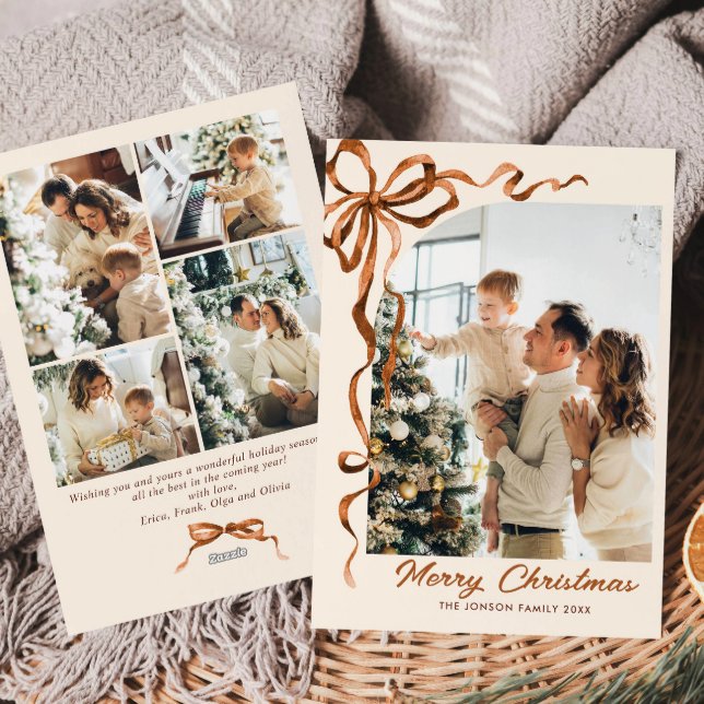 Festive Christmas Beige Boho Bow Ribbon 5 Photo Holiday Card (Creator Uploaded)