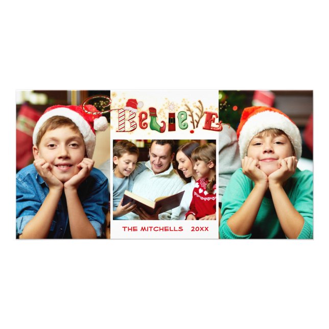 Festive Christmas BELIEVE 3 Photos Card (Front)
