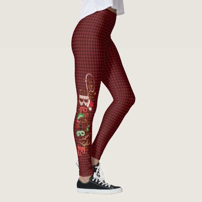 Festive Christmas BELIEVE Red Black Plaid Leggings (Right)