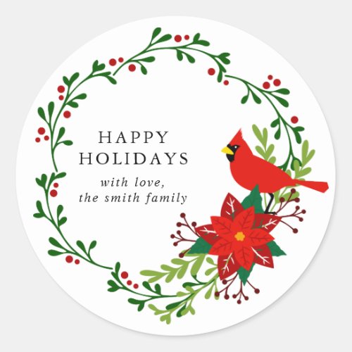 Festive Christmas Bird  Berries Wreath Holiday Classic Round Sticker