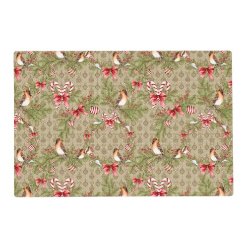 Festive Christmas Bird Pine Branches Holly Placemat