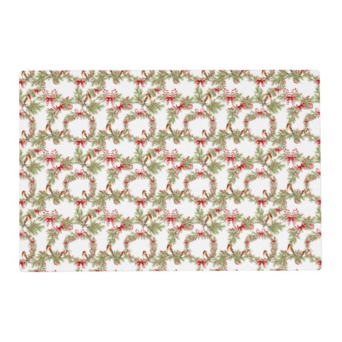 Festive Christmas Bird Pine Branches Wreath Placemat